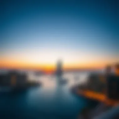 Panoramic sunset view over Blue Waters Island highlighting modern architecture