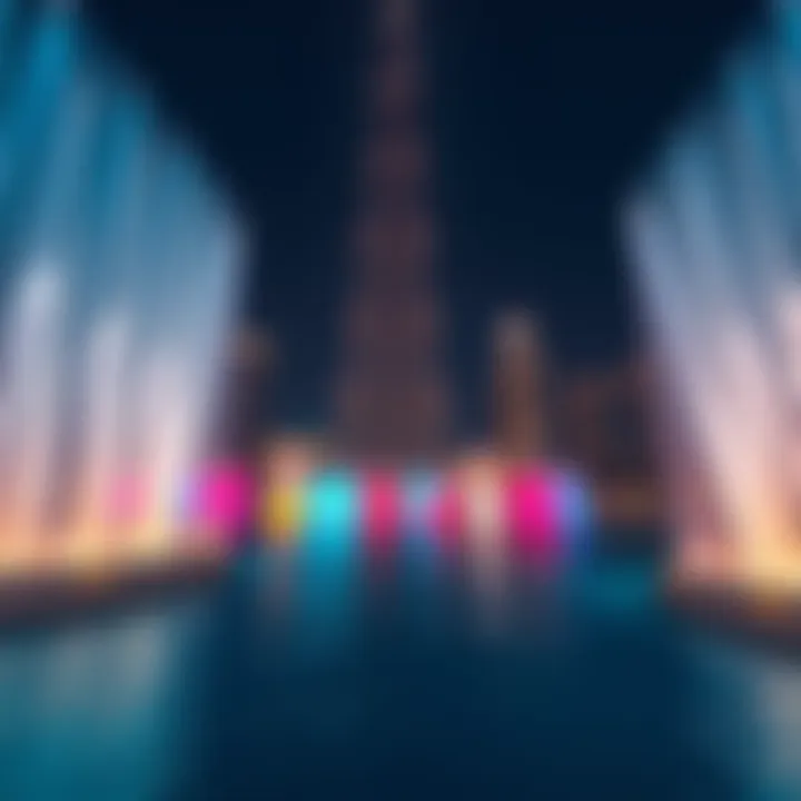 Illuminated Fountains at Night Night view of Burj Khalifa fountains illuminated with colorful lights