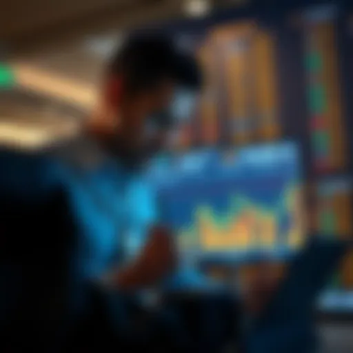 A financial expert analyzing exchange rates on a digital screen