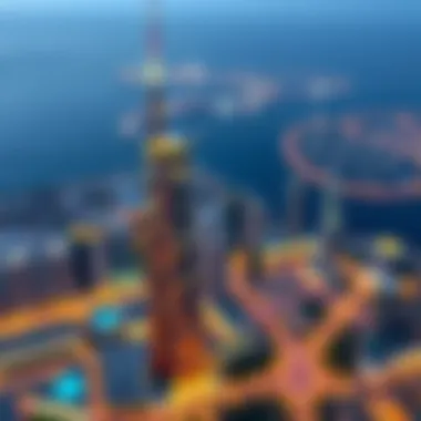 Dubai Skyline with Da Vinci Tower Aerial view of Dubai skyline featuring Da Vinci Tower as a focal point