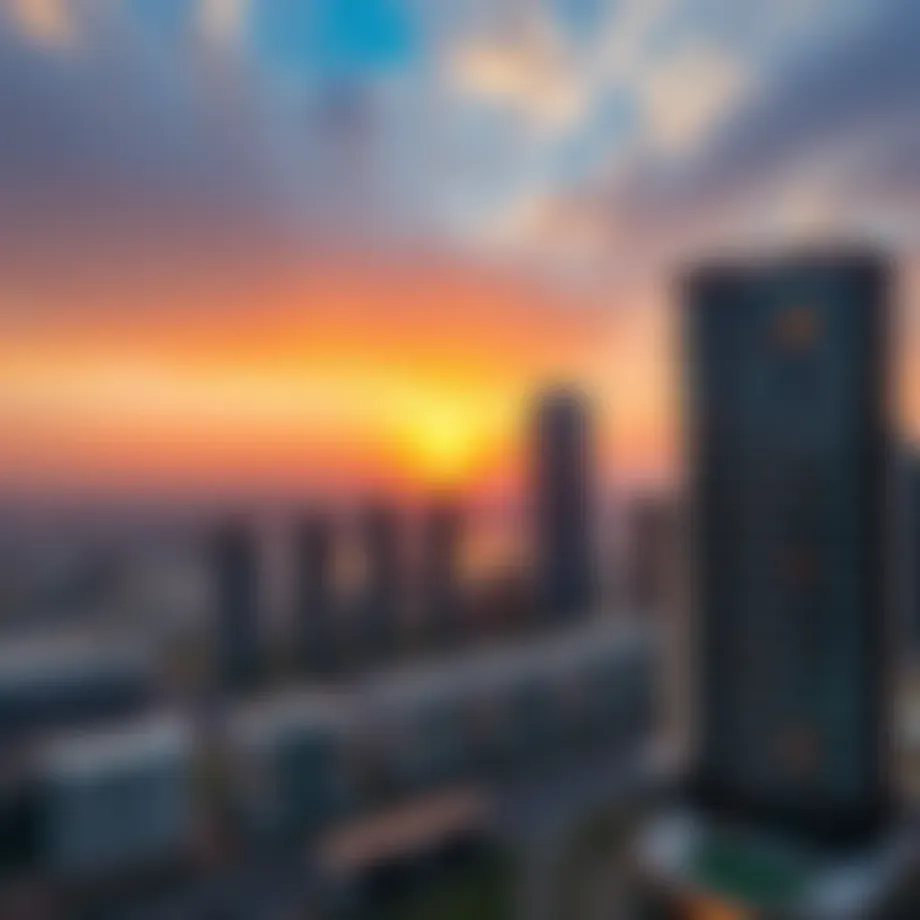 Stunning skyline view of Damac Heights at sunset