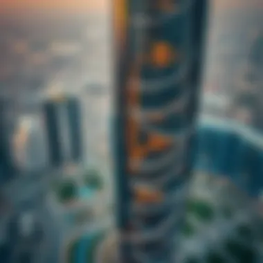 Aerial view highlighting the Damac RBC Tower's prominence in Dubai's skyline