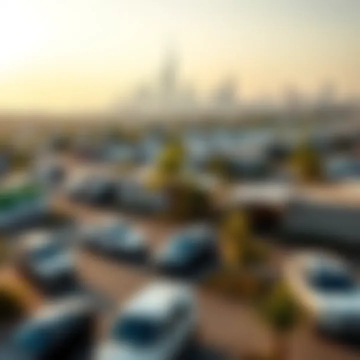 Overview of Dubai skyline with parked vehicles