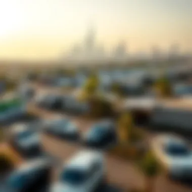 Dubai Skyline and Parking Scenario Overview of Dubai skyline with parked vehicles