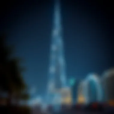 Nighttime illumination of Burj Khalifa with light show