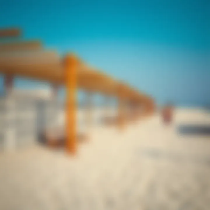 Amenities available at a free beach, including showers and seating areas
