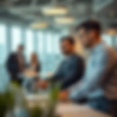 Modern real estate office environment with professionals discussing