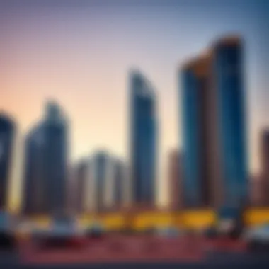 Vibrant skyline of Dubai's financial center at dusk.