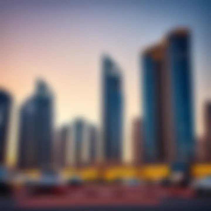 Vibrant skyline of Dubai's financial center at dusk.