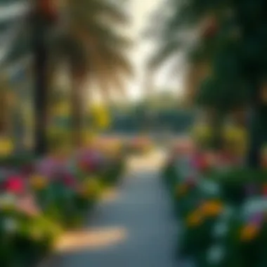Scenic view of a park pathway surrounded by flowers