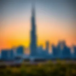 The iconic Burj Khalifa towering over the Dubai skyline at sunset.
