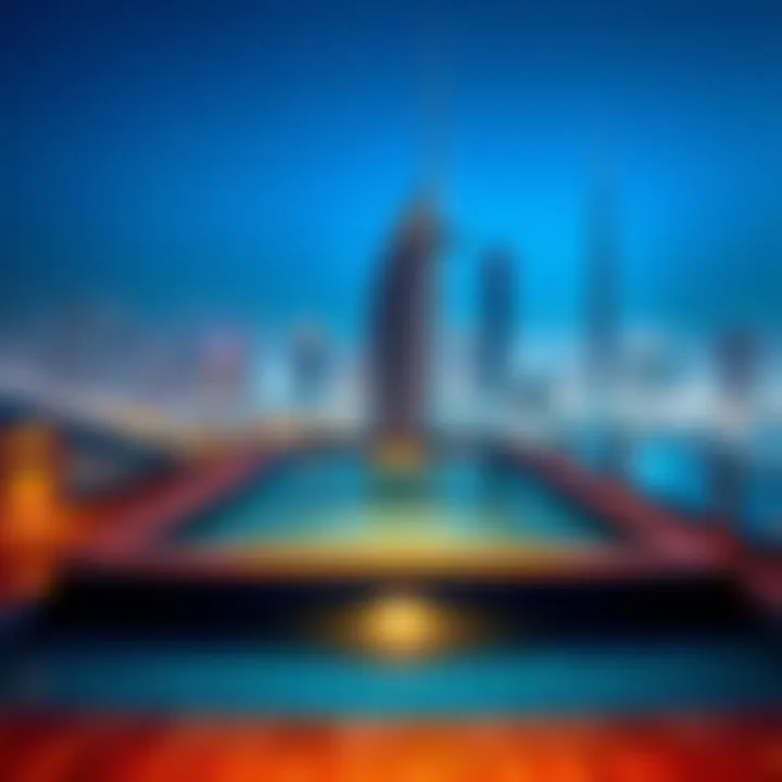 Luxurious rooftop pool reflecting the vibrant Dubai skyline