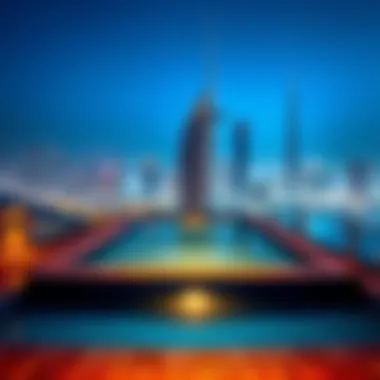 Rooftop Pool with a View in Dubai Luxurious rooftop pool reflecting the vibrant Dubai skyline