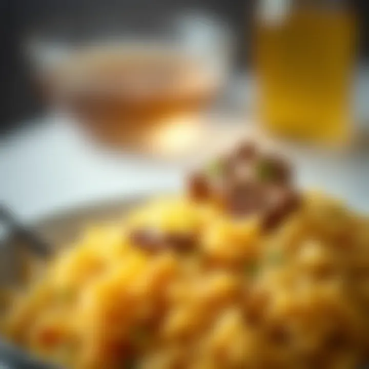 A close-up of saffron-infused rice with lamb