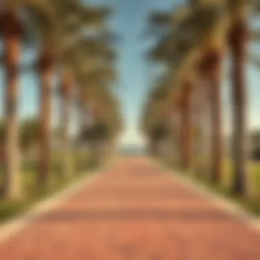 Scenic Pathway to Hudayriat Splash Park A scenic pathway lined with palm trees leading to the park's entry