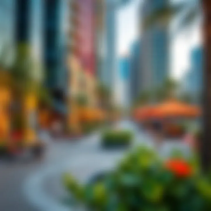 Vibrant lifestyle scene around Nopoli Tower with cafes and parks