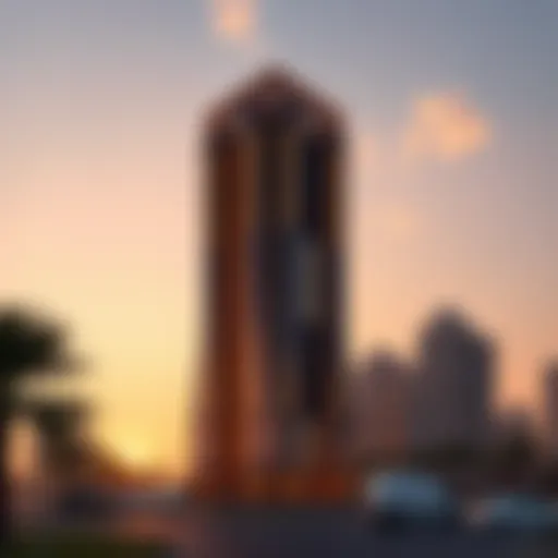 Stunning view of Safa One Tower against a sunset backdrop
