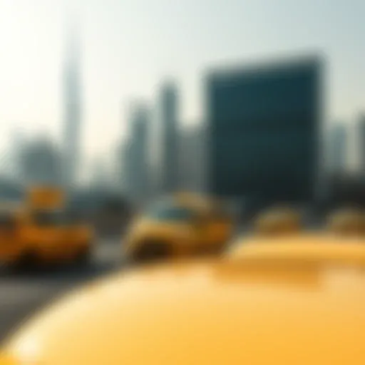Panoramic view of Dubai with cabs in action