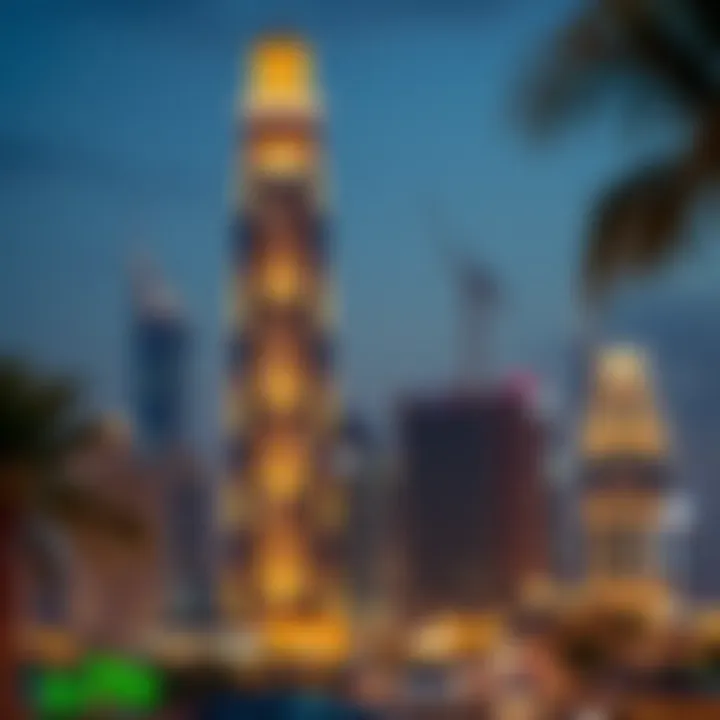 Evening view of Tiger Tower illuminated against the Dubai skyline