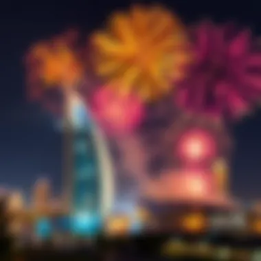 Spectacular Fireworks Display on National Day Festive fireworks illuminating the night sky over a UAE landmark during National Day celebrations.