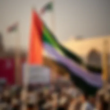 Symbol of Unity: The UAE Flag A beautifully adorned UAE flag displayed at a public gathering.