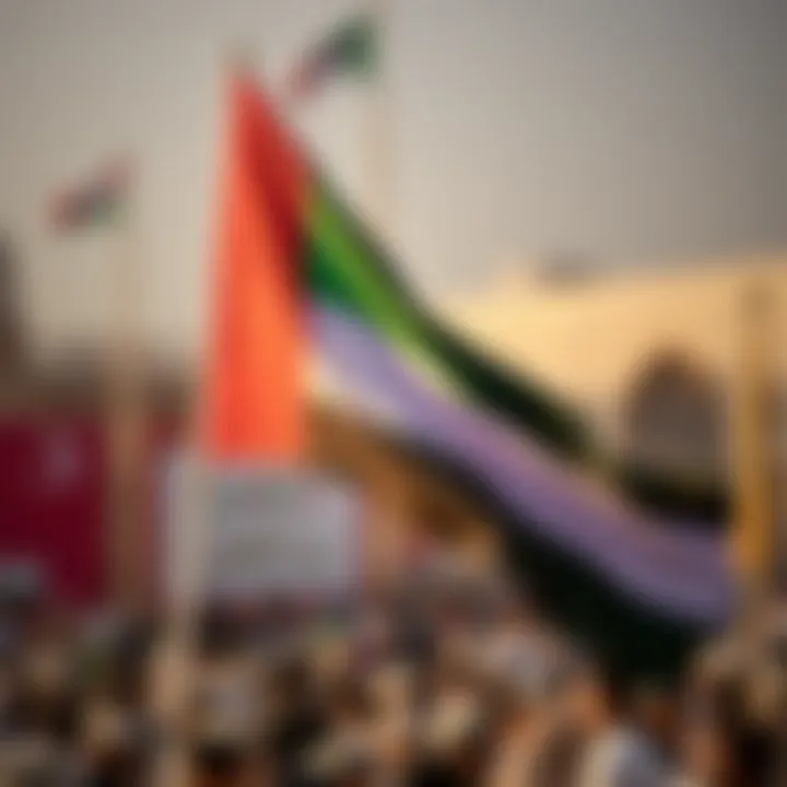 Symbol of Unity: The UAE Flag A beautifully adorned UAE flag displayed at a public gathering.